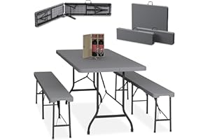 Relaxdays Conjunto Jardín Plegable, 3 Piezas, Mesa de Exterior, 2 Bancos de Patio, Camping o Recepción, 180 cm, Gris, 73 x 180 x 74 cm