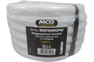 MCG INDUSTRIAL 10 Metre 20mm or 25mm Flexible Conduit Tube Contractor Pack with 10 Glands and Locknut - White (25mm)