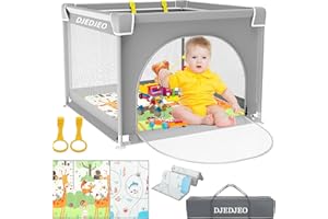 DJEDJEO Parque Infantil Bebe 90x90cm con Alfombra Bebe, Corralito Bebe Plegable con Puerta con Cremallera, Parque Bebes Plegable con 4 Ventosas Inferiores con Acolchado Espuma y Malla Transpirable