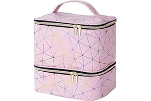 AMOYUN Black Large Makeup Bag, Nail Polish Organiser-Holds 30 Bottles Double-Layer Travel Storage Bags Waterproof PU Cosmetic Bag with Adjustable Dividers for Manicure Tools Storage