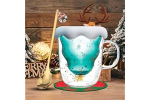 Yuragim Tazze di Natale, Dolce Bicchieri a Doppia Parete con Coperchio e Manico e Cucchiaio e Sottobicchiere, Albero di Natale Tazza da Caffè, Regalo per Genitori, Amici e Natalizia