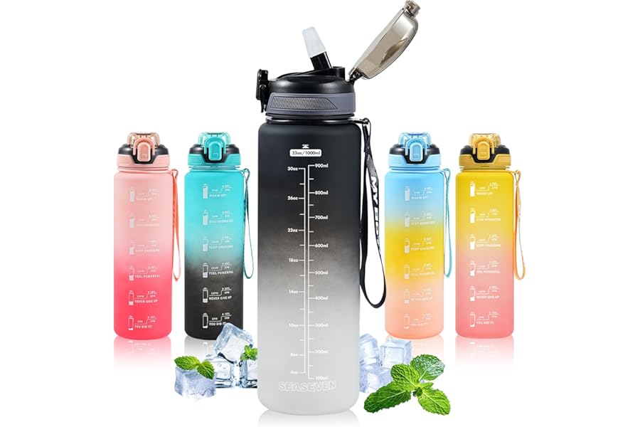 SEASEVEN 1L Water Bottle with Straw,Plastic Drinks Bottle,1 Litre Sports Water Bottles with Time Markings,Girls Boys Waterbottle Leak-Proof & Bpa-Free for Gym,Cycling, Office, Outdoor