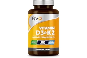 EVO NUTRITION Vitamin D3 4000iu & Vitamin K2 100ug (MK7) |180 D K Vegetarian Tablets | 1-A-Day | 6 Month Supply | High Strength | Vitamin D K2 Supplement | Made in The UK | Cholecalciferol & Menaquinone