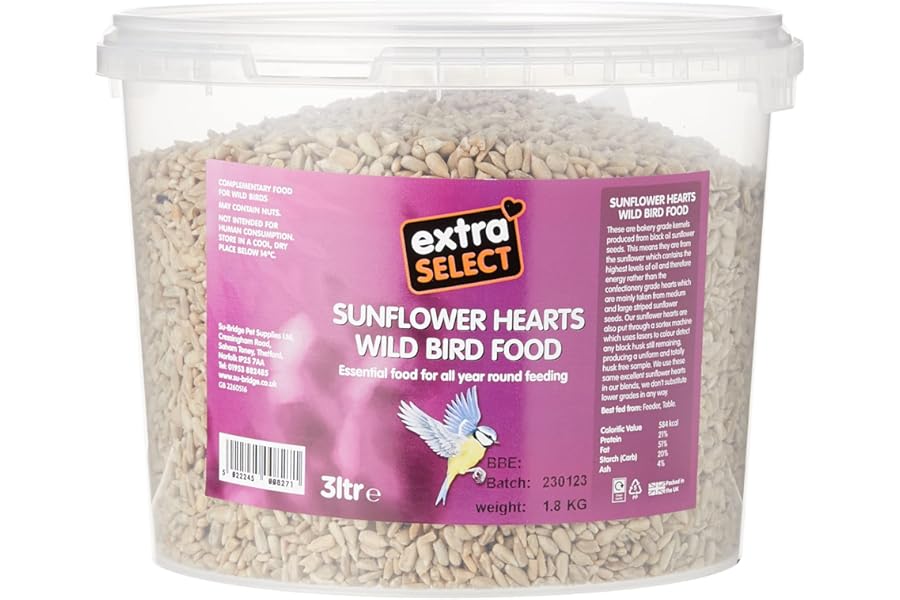 Extra Select Sunflower Hearts Bird Food - Husk-Free, Oil Rich, High Energy Wild Bird Seed for Year Round Feeding - 3 Litre Bucket