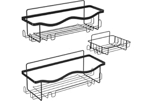 ALOCEO Shower Caddy 3 Pack, No Drilling Bathroom Wall Storage with Shower Soap Holder, Kitchen Organiser Shelf Rack, Black