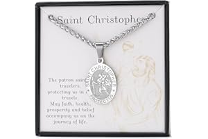 Rajputana Oval St Christopher/Michael Medal Necklace for Men Boys, Stainless Steel Saint Patron Protect Us Pendant Jewellry Catholic Religious Gifts