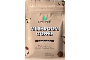Swiss Peak Mushroom Functional Coffee Blend (60-Servings) with Lion’s Mane, Cordyceps, Shiitake, Maitake, Ashwagandha – Nootropic Coffee for Focus & Energy | Vegan | UK Made | 2-Month Supply