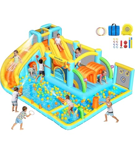 COSTWAY – Château Gonflable 5 En 1 – Toboggans Aquatiques, Pataugeoire, Mur D’escalade, Canon à Eau – 2-3 Enfants 3-10 Ans
