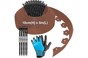 HENGRONGSHEN Bordure de Jardin Flexible 5m, Bordure Jardin Exterieur Hauteur 10cm, Bordure Jardin Plastique, Bordurette de Jardin, Garden Edging, Bordure de Tonte, avec Gants et 30 Ongles - Marron