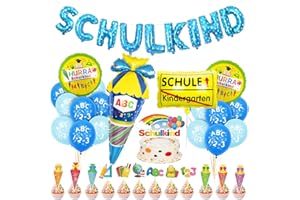 BLUELVES Einschulung Schuleinführung Schulanfang Deko Set für Jungen, Geschenk Einschulung Junge Deko Blau, SCHULKIND Blau Banner + HURRA Schulkind Schulanfang Folienballon + Zuckertüte Luftballons mit ABC