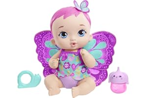 My Garden Baby poupon bébé papillon boit et fait pipi 30 cm rose avec couche, vêtements et ailes amovibles, poupée pour enfant dès 3 ans, GYP10