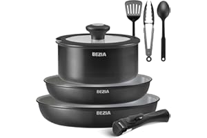 ‎BEZIA BEZIA Pfannenset mit abnehmbarem Griff, Pfannen Set mit Keramikbeschichtung, Induktions Pfannen Set mit Küchenutensilien, für alle Herdarten, stapelbares Design, Spülmaschinen-/Ofenfest