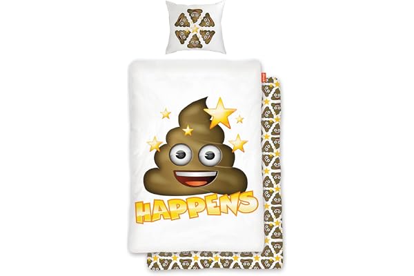 Emoji sängkläder Shit Happens 135 x 200 cm + 80 x 80 cm 100 % bomull i förstärkt linon-kvalitet vändbara sängkläder påslakan sängkläder emojis Pile of Poo emoti Poop Smiley tysk storlek EM 042