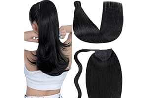‎LAAVOO LaaVoo Black Braid Real Hair Extension Remy Invisible Real Hair Ponytail Extension Black Hair Extension Braid Real Hair Extension Ponytail Straight Short 35 cm 70 g #1