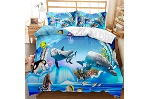 EHAOKK Set di biancheria da letto con animali marini 3D, delfino, pesce tropicale, corallo, copripiumino vita marina, copripiumino mondo subacqueo blu per bambini(A, 220 x 240 cm)