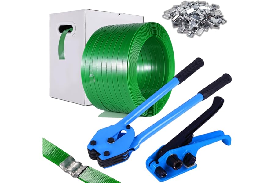 WCM Strapping Pallet Strapping Kit, Banding Kit, Packaging Strapping Tool with 16MM x 300M Heavy-duty Polyester Strapping Coil Roll, 100 Metal Buckles and Dispenser Box – Certified 540kg Break
