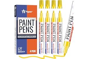 Alitastro Yellow Paint Pens Permanent Marker Pen 4 Pcs Waterproof Oil Based Paint Markers 3mm Medium Round Tip Quick-drying Paint Marker Pens for Rock Painting, Black Paper, Metal, Tyre, Glass, Wood