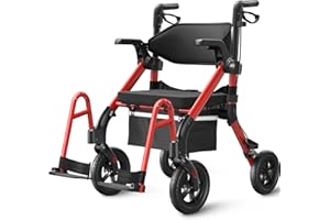 VOCIC Z55 Deambulatore pieghevole e leggero con sedile, 2 in 1, per anziani, pneumatici in gomma per tutti i terreni, in alluminio, colore rosso
