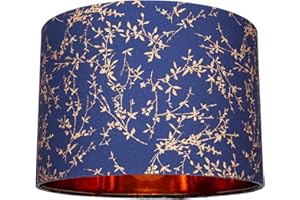 Modern Navy Midnight Blue Cotton Fabric 12" Lamp Shade with Copper Foil Floral Decoration Suitable for Table or Ceiling Usage | 30cm Diameter | 60w Maximum by Happy Homewares