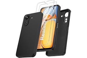 Qasyfanc Funda Compatible con Xiaomi Redmi 13C / Xiaomi Poco C65 con Protección de La Cámara y 2 Piezas Cristal Templado, Carcasa Suave TPU Silicona con Tapete de Microfibra Anti-Rasguño, Negro