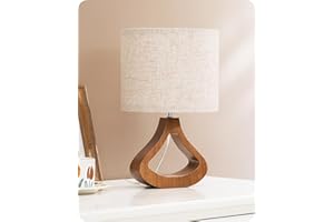 EDISHINE Lampe de Chevet avec Abat-jour en Lin & Base en Bois Massif de Teinte Chêne Moyen, E27 4W Ampoule LED Incluse, 2700K Blanc Chaud, H34 cm, Ø21 cm, Lampe de Table Moderne pour Salon, Chambre