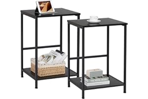 AMHANCIBLE Side Tables Set of 2, 2-Tier Sofa Side Tables, Bedside Tables with Steel Frames, Coffee Table, Small End Table for Small Spaces, Modern Nightstand for Living Room, Bedroom, Black HET03SQBK