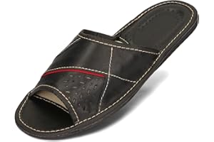 BeComfy Herren Hausschuhe Leder Slippers Männer Pantoletten Sommer Pantoffeln Schwarz Braun Rot 40-46 EU