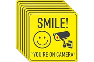 ASSURED SIGNS CCTV Sign Stickers, Smile You Are On Camera Signs - 7 X 7 Inch - 8 Pack - Ideal For Video Surveillance to Prevent Trespassing on Private Property - Perfect for House, Business, Yard, or Driveway