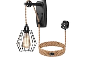 HOLULO Industrial Wall Lights Plug in Wall Lamp with Dimmable Switch on Rope, Dimming Black Metal Wall Sconce Lights Indoor E27 Base for Living Room Bedroom Hallway Gate Restaurant Pub[Energy Class G]