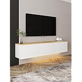 Neon LED Işıklı Duvara Monte, 3 Kapaklı TV Sehpası &ndash; 160 cm - Modern Tasarım, Beyaz/Safir Meşe