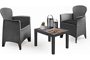 idooka Plastic Garden Table and Chairs Tea for 2 Bistro Set Rattan Wicker Effect, Anthracite Grey Side Coffee Table and Chairs Set, Perfect for Patio, Balcony and Conservatory, 2 Seater, 3 Piece