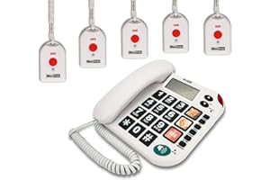 G-TELWARE MAXCOM KXT481SOS 2023-2024er Modell Haus Notruf Seniorentelefon mit Funk-SOS-Sender, Festnetztelefon - 5 Handsender mit Schlaufe, Carbonschwarz, Standard