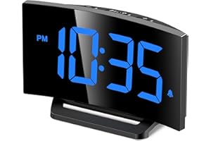 GOLOZA Digital Alarm Clock for Bedrooms with Modern Curved Design, Conspicuous Blue LED Numbers, 6 Levels Brightness, 2 Volume, 3 Alarm Tones, Snooze, Power-Off Memory, 12/24H, Bedside Clock