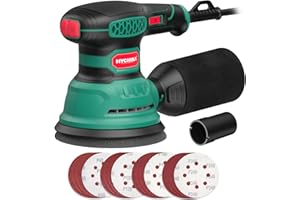 HYCHIKA BETTER TOOLS FOR BETTER LIFE HYCHIKA Random Orbital Sander, 300W 12000OPM Orbital Sander, 6 Variable Speeds,16 Sanding Discs(125mm), with Dust Collection and Quick Braking Functionality, for Sanding and Polishing Wood