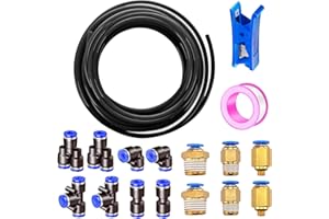 HUAZIZ Tuyau Pneumatique Noir 10 m, 1/4 Pouce, Diamètre Extérieur 6 mm, avec 14 Connecteurs Pneumatiques + 1 Coupe-Tuyau + 1 Rouleau de Ruban Adhésif