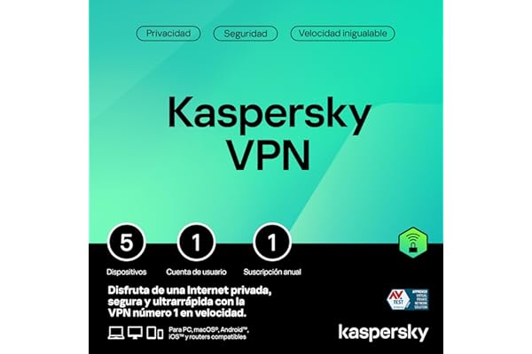 Kaspersky VPN Secure Connection 2026 | 5 Dispositivos | 1 Usuario | 1 Año | PC/Mac | Código de activación enviado por email