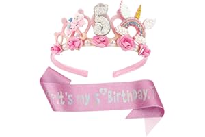 LunarCharm Headband for Birthday, Floral Birthday Crown and Glitter Sash for Girls, 7th Birthday Decorations for Girls, Birthday Party Decorations