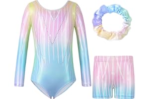 Hotfiary Gymnastics Leotards for Girls Long Sleeve/Sleeveless Sparkle Dance Leotard with Tumbling Gymnastics Shorts Ballet Dancewear for Kids 5-14 Years