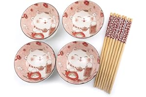 lachineuse - Juego de 4 cuencos Maneki Neko - Tazones de arroz, desayuno y sopa - Vajilla japonesa de porcelana - Con palillos - Gato de la suerte - Regalo japonés Kawaii Japón - Blanco & Rojo