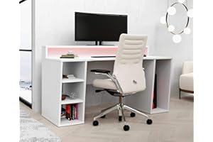 ‎FORTE Forte TEZAUR Computertisch Gaming Desk mit LED Beleuchtung, Holzwerkstoff, Weiß, B x H x T: 160 x 91 x 72 cm