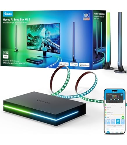 WiZ HDMI Sync Box met tv-verlichting, synchroniseert de lichten met je films, HDMI 2.0 ondersteunt 4K bij 60Hz, RGBIC ledstrip voor tv van 55 tot 65 inch, bediening via app/spraak