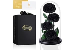 MAMAMIKO 4 Rosa Eternas en Cúpula de Crista, Flores Naturale, Rosa Eterna Natural Preservada, Ideas Rosas Naturales Regalos para Día de la Madre, Día de San Valentín, Aniversario, Mujer, Mamá, Novia(Negro)
