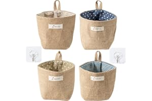 Saijer Lino Algodón Bolsa Almacenamiento,4 PCS Bolsa Almacenamiento Colgar Tela De Algodón Maceta Colgante Cestas de Almacenaje Plegable Bolsa De Almacenamiento Cesta para Juguetes Objetos Pequeños