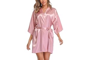 Wikoan Women's Satin Dressing Gown,Soft Silk Robe Lightweight Sleepwear for Bridal,Wedding Party Robes with Oblique V-Neck S-XXL