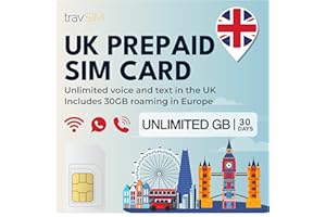 travSIM UK Carte SIM | Données illimitées + Appels et textes illimités | Vitesses 4G/5G | Fonctionne dans Tout Le Royaume-Uni | La Carte SIM UK est valable 30 Jours