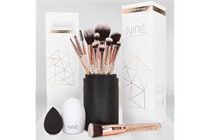 Niré Beauty Set Pennelli Make up Professionali 15 Pezzi: Pennelli Trucco Vegani, Blender, Porta Pennelli, Pulitore Pennelli Trucco, Guida e Box Regalo
