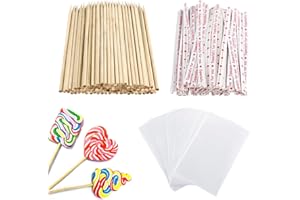 RISF Lot de 600 bâtonnets pour cake pops, 15 cm, 100 sucettes, 100 sacs à bonbons, 100 sachets à bonbons, 100 attaches torsadées pour sucrettes, anniversaire, mariage, fête, cadeau