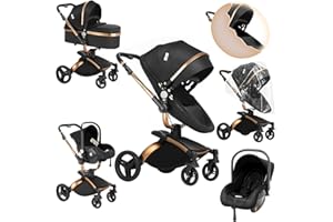 Sianldcone PU Leather Pushchair 3-in-1, 360° Rotating Seat Pram Set, Two-Way Sliding Function Travel Systems, Open View Combination Pram, 3-in-1 Complete Set (906 Black)