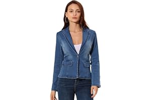 Allegra K Veste Blazer en Jean délavé à Manches Longues et Revers crantés pour Femmes