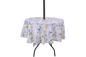 SUQ I OME Patio Outdoor Tablecloth with Umbrella Hole,Garden Tablecloth with Umbrella Hole and Zipper,Table Cloths for Host Backyard Parties, BBQs,Family Gatherings(Daisy, 60'' Round with Zipper)